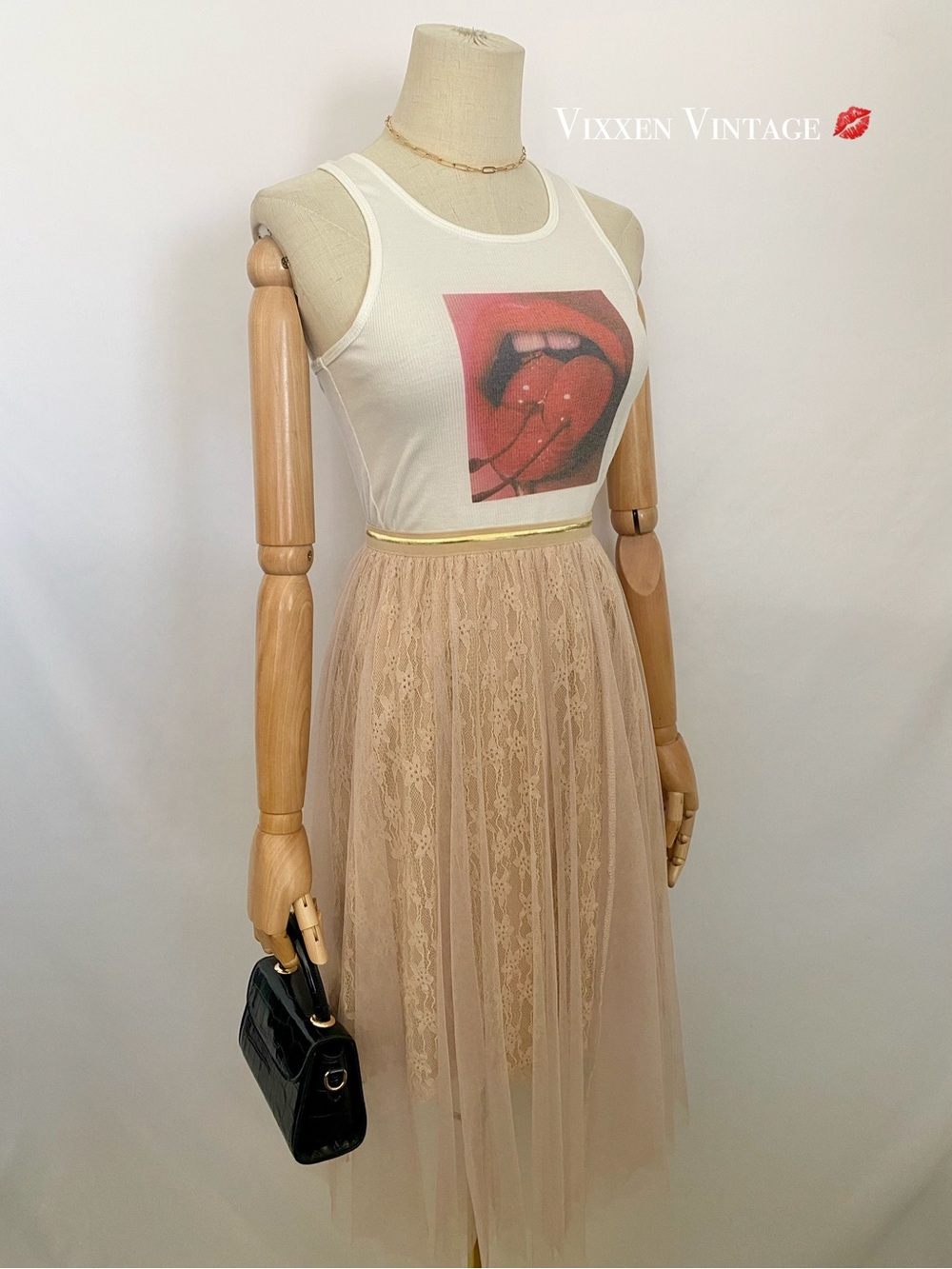 HAUTE MONDE ROMANTIC LACE TULLE OVERLAY MIDI SKIRT IN BEIGE